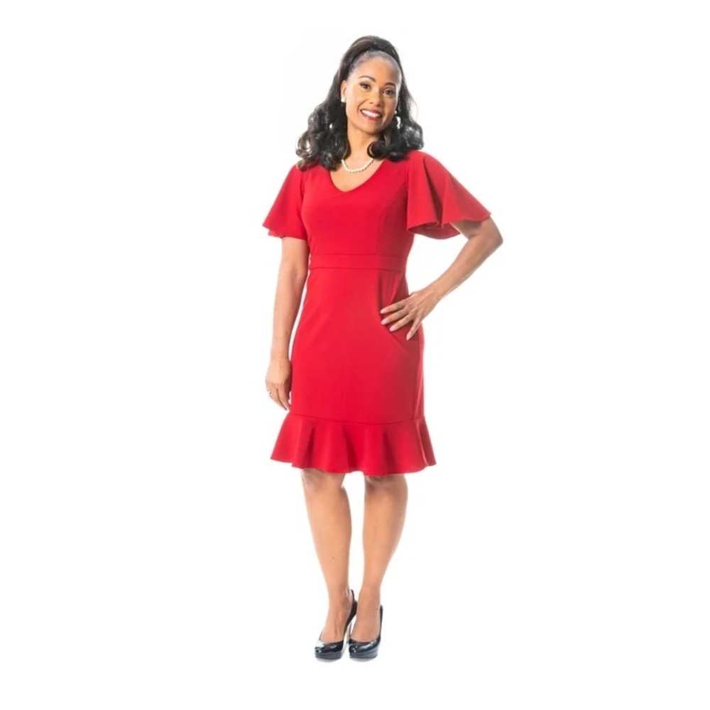 Kasper Deep Red Ruffled Fit and Flare Midi Dress